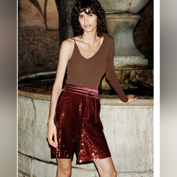 ZARA Burgundy Red Sequin Pull On Shorts L - Picture 7 of 7